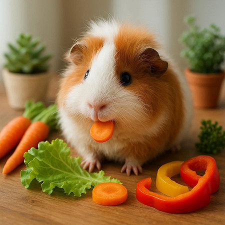 Guinea pig with carrot and lettuce on wooden table. Cute pet.