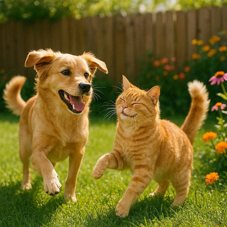 Red cat and golden retriever dog playing together in the garden.