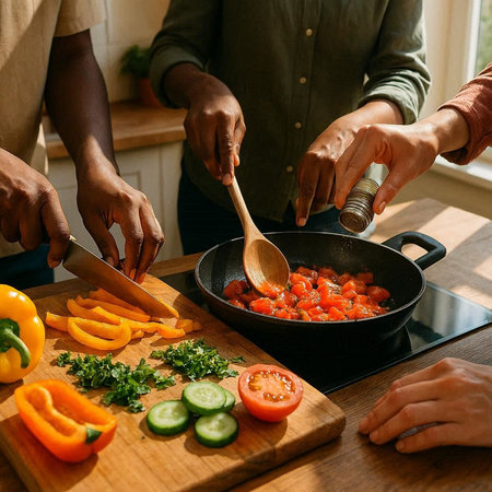 Cropped image of multiethnic friends cooking together in kitchen at home