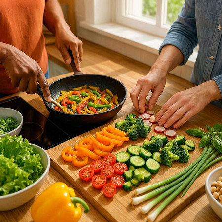Close-up of male hands cooking vegetable stir fry in frying pan
