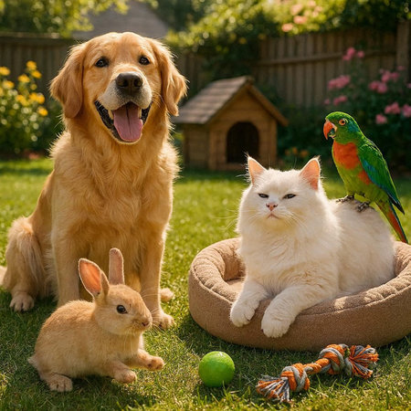 Cat, dog and parrot in the garden. Pet animals.