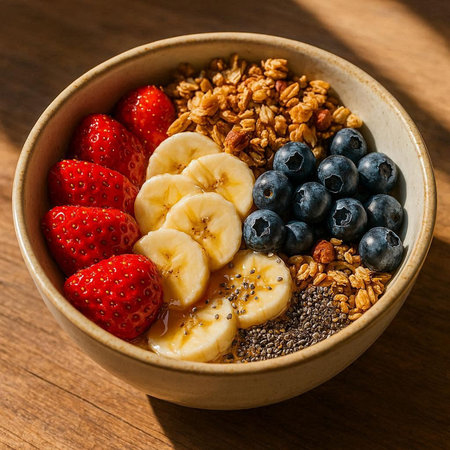 Healthy breakfast bowl with granola, fresh berries and banana.