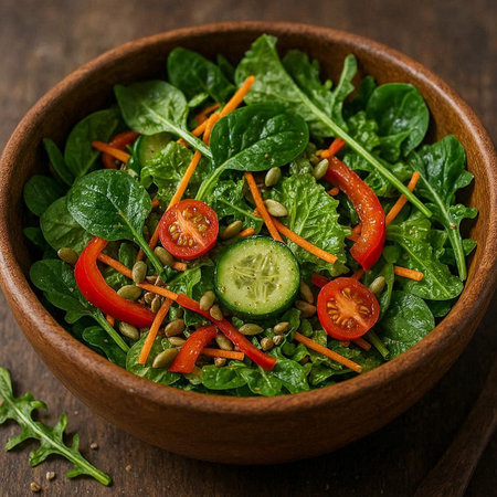 Vegetable salad with spinach, tomatoes, cucumber, sesame seeds and sesame seeds in a wooden bowl on a dark wooden backgroundの写真素材