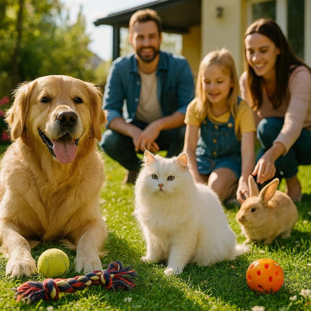 selective focus of golden retriever and white cat sitting near happy family on lawn