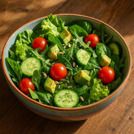 Green salad with avocado, cucumber, tomatoes and sunflower seeds