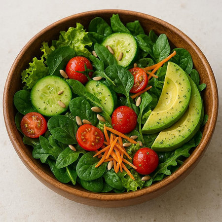 Green salad with avocado, cherry tomatoes and spinach in a bowl on a white background, top view