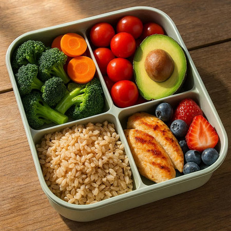 Healthy lunch box with chicken, vegetables, berries and rice on wooden table