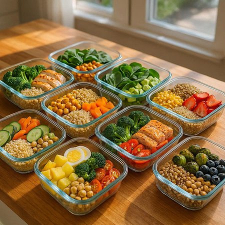 Healthy food in plastic containers. Balanced diet. Clean eating concept.の写真素材