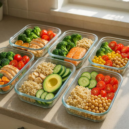 Healthy lunch boxes with salmon, vegetables and couscous.