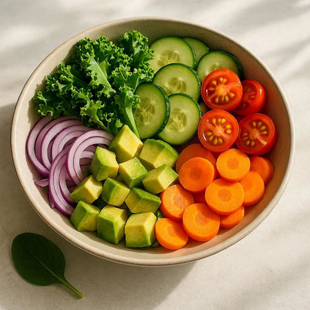 Vegetable salad with avocado, tomato, cucumber, onion and lettuce