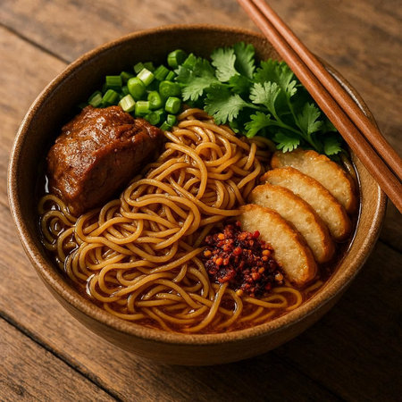 Japanese ramen noodle soup with pork and vegetables on wooden background