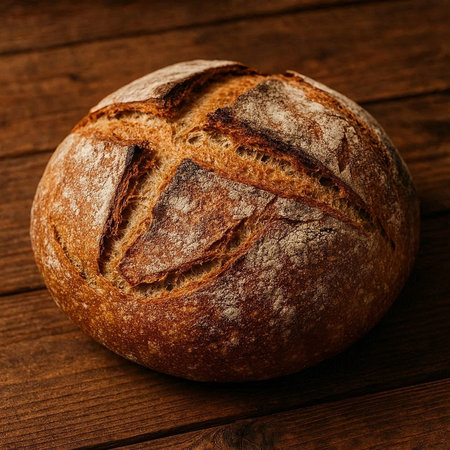 Freshly baked bread on a wooden table. Selective focus.