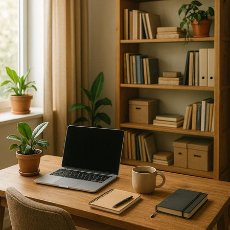 Workplace with laptop, coffee cup, notebook and plant on wooden table in cozy living room