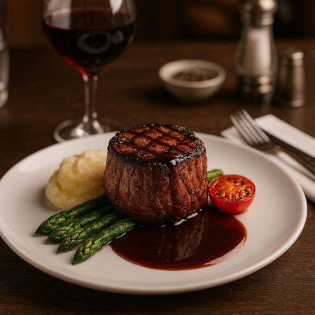 Beef steak with asparagus, mashed potatoes and red wineの写真素材