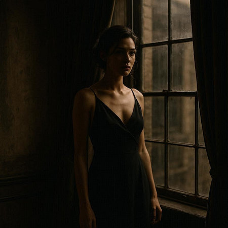 Young beautiful woman in black dress near the window in the dark room
