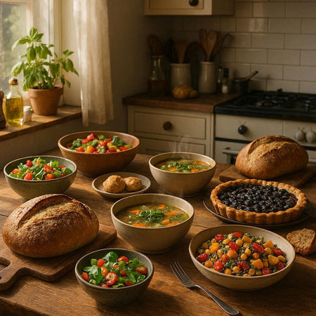 Bowls of soup with vegetables and bread on a wooden table