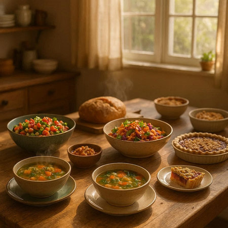 Bowls with vegetable soup and bread on a wooden table.