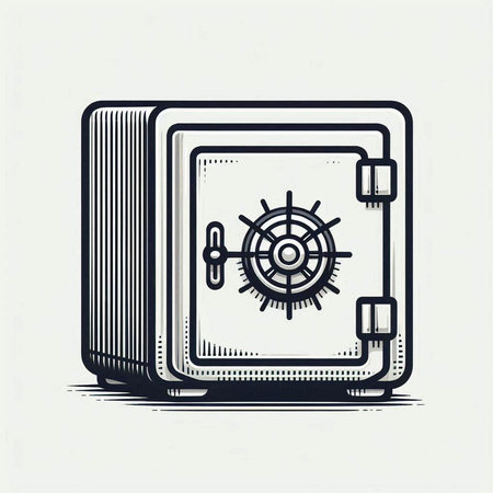 Illustration of a safe with a wheel on a white background.