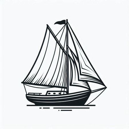 Sailing boat isolated on white background. Black and white vector illustration.