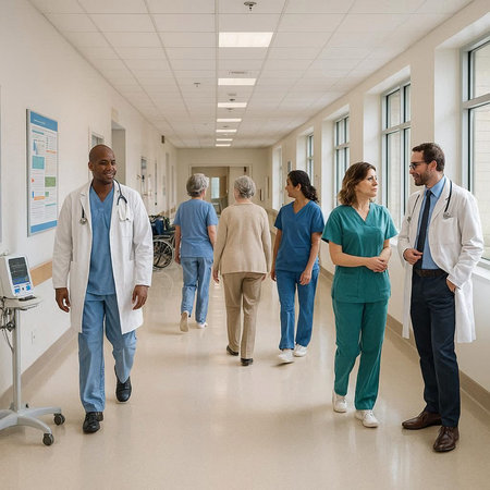 High angle view of a group of doctors walking together in a hospital corridor