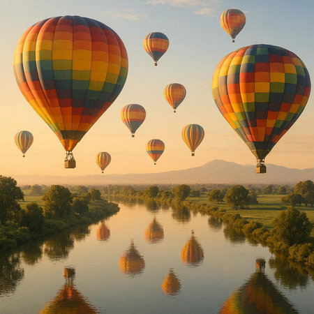 Hot air balloons fly over the river at sunrise. Colorful hot air balloons in the sky.