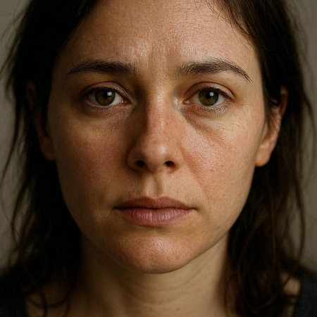 Portrait of a woman with brown hair and freckles on her face