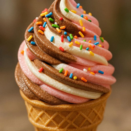 Ice cream in waffle cone with colorful sprinkles, close up