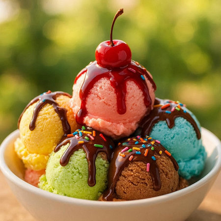 Bowl of ice cream scoops with cherry, chocolate and vanilla