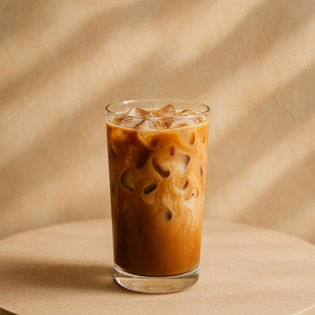 Iced coffee in a glass with ice cubes on a beige background