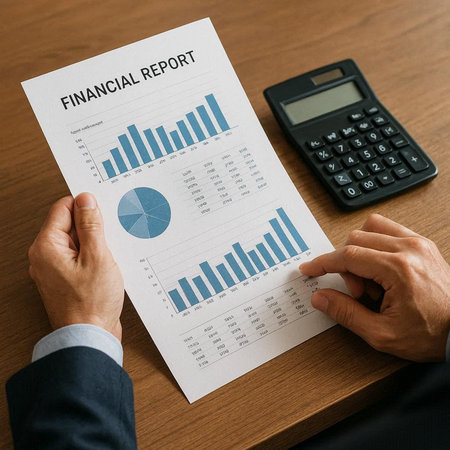 Businessman analyzing investment charts with calculator on table. Financial report concept
