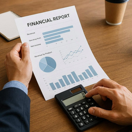 Businessman analyzing investment charts with calculator. Financial analysis concept. Accounting