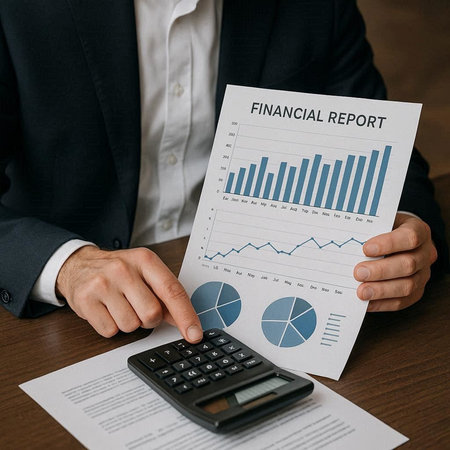 Businessman analyzing investment charts with calculator. Accounting and finance concept.