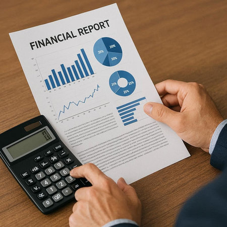 Businessman analyzing investment charts with calculator. Financial report concept. Accounting