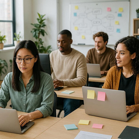 multiethnic businesswomen working on laptops in office with multicultural colleagues