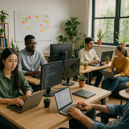 multiethnic team of software developers working on desktop computers in office