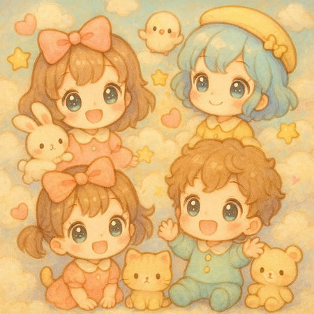 Cute little girls with teddy bears and stars on vintage paperの写真素材