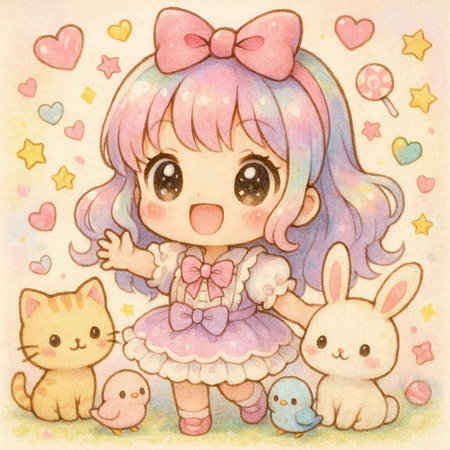 Cute little girl with her friends. Hand drawn illustration with watercolor.