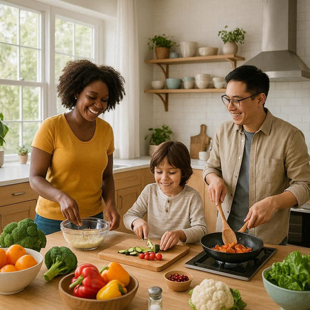 Happy family cooking together in the kitchen at home. Mother, father and their son are preparing healthy food.の写真素材
