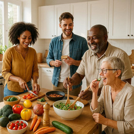 Happy family cooking together in the kitchen at home. Smiling parents and their adult children are...