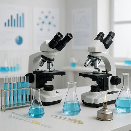 Microscope and test tubes on table in laboratory. Scientific research and development concept