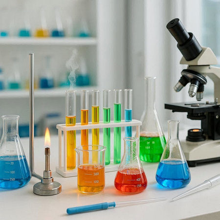 Laboratory glassware with colorful liquids and microscope on table in science laboratory
