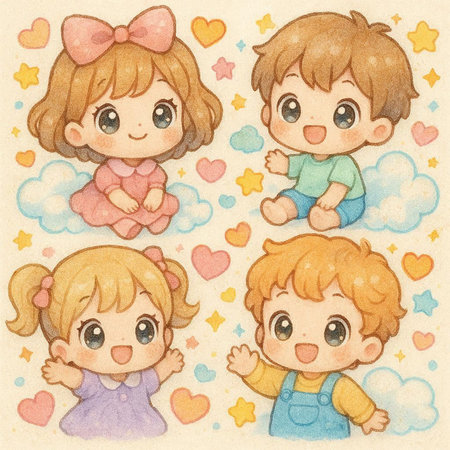 Cute cartoon boy and girl in different poses with hearts and clouds