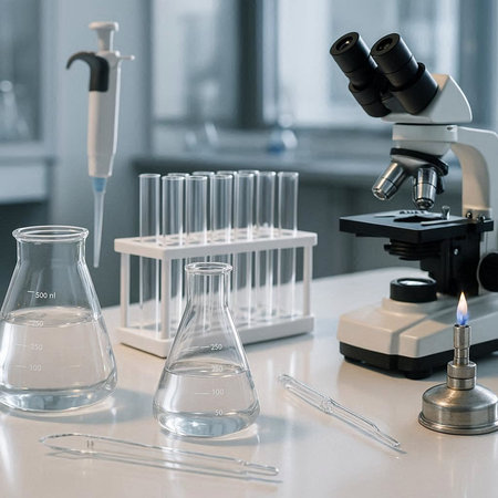 Laboratory glassware, microscope and test tubes on table in science laboratory