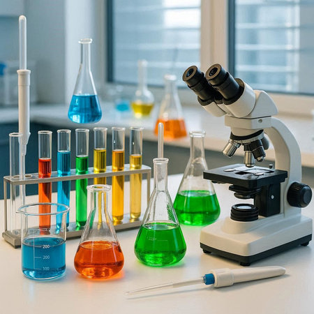 Laboratory glassware with colorful liquid and microscope on table in laboratory