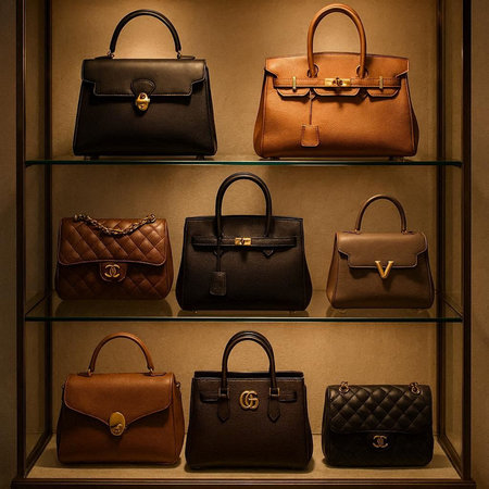 Luxury leather handbags on a shelf in a shop window