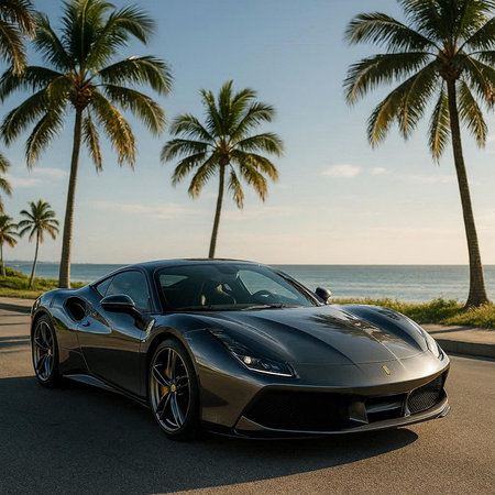 Lamborghini Huracan on the beach with palm trees.