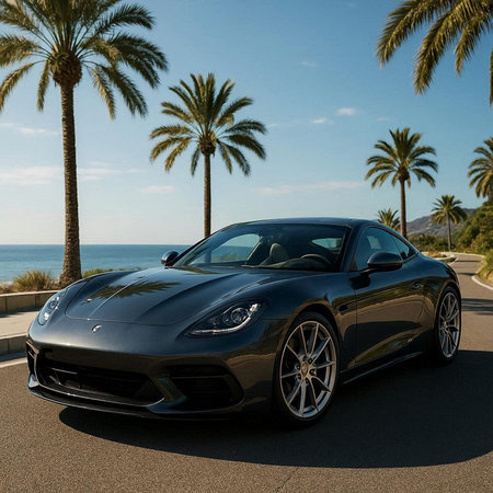 Luxury sport car on the road with palm trees in the background