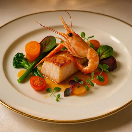 Tiger prawns with fresh vegetables on a white plate.