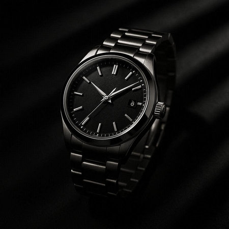 Wrist watch with black dial and black bracelet on a black background