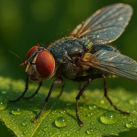 Macro photo of a fly on a green leaf with water drops